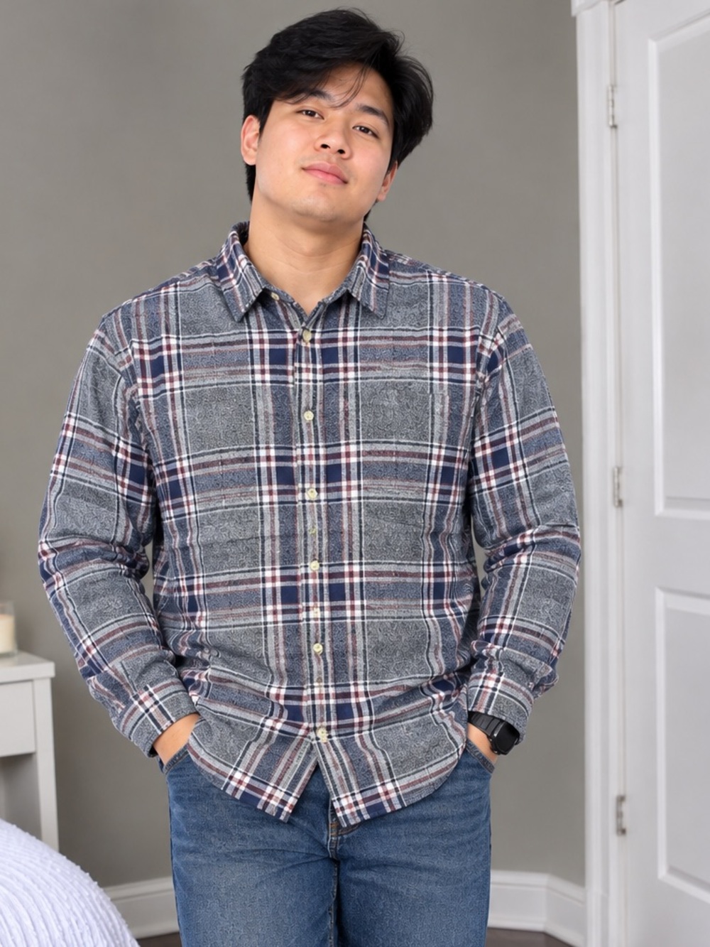 Men's Casual Grey Plaid Button-Down Shirt